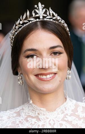 Autun, France. 08 juillet 2023. Mlle Pelagie Mac Mahon arrive à la cérémonie de mariage royal à la cathédrale Saint-Lazare à Autun, le 8 juillet 2023, France. Photo de David Niviere/ABACAPRESS.COM crédit : Abaca Press/Alamy Live News Banque D'Images