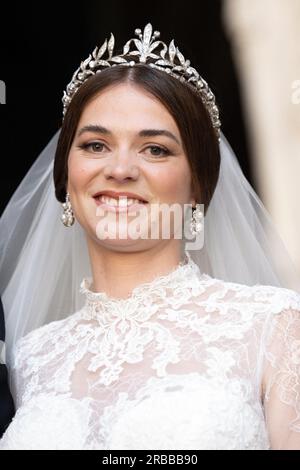 Autun, France. 08 juillet 2023. Mlle Pelagie Mac Mahon arrive à la cérémonie de mariage royal à la cathédrale Saint-Lazare à Autun, le 8 juillet 2023, France. Photo de David Niviere/ABACAPRESS.COM crédit : Abaca Press/Alamy Live News Banque D'Images