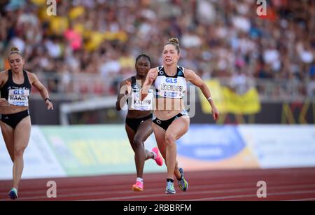 Kassel, Deutschland. 08 juillet 2023. Vainqueur Gina LUECKENKEMPER (Luckenkemper)(SCC Berlin) action, de gauche à droite Rebekka HAASE (Sprintteam Wetzlar/ 4e place), Chelsea KADIRI (Sportclub Magdeburg/ 2e place), finale féminine LUECKENKEMPER 100m, le 07/08/2023 Championnats d'Allemagne d'athlétisme 2023, à partir de 08.07. - 09.07.2023 à Kassel/ Allemagne. Crédit : dpa/Alamy Live News Banque D'Images