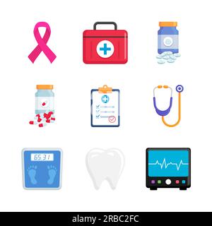 Illustration vectorielle d'élément médical et de santé dans un style plat. Jeu d'icônes médicales Illustration de Vecteur