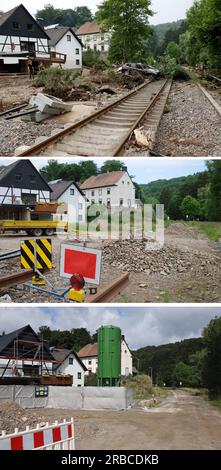 Urft, Allemagne. 05 juillet 2023. KOMBO - Une voiture emportée se trouve sur les voies ferrées de la ligne de chemin de fer Cologne-Trier à Urft le 07/16/2021 (en haut). Les voies ferrées de la ligne de chemin de fer Cologne-Trier se terminent le 09.06.2022 à Urft devant un tas de gravats (M). Un chantier de construction se trouve à côté de la ligne de chemin de fer sans voie ferrée Cologne-Trier à Urft sur 05.07.2023 (en bas). Près de deux ans après les inondations de 2021, les conséquences sont encore visibles dans les villages touchés. (À dpa: "Deux ans après l'inondation du siècle - quelle est la situation?") Crédit : Oliver Berg/dp/dpa/Alamy Live News Banque D'Images