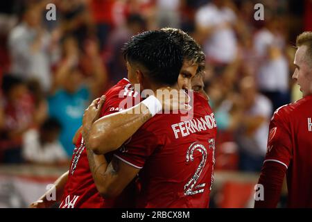 Le joueur Carmona de New York Red Bull célèbre un but dans un match contre la New England Revolution, valable pour la Major League Soccer (MLS) entre dans la Red Bull Arena dans la ville de Harrison dans le New Jersey le samedi 08/07/2023. (Photo : Vanessa Carvalho) crédit : Brazil photo Press/Alamy Live News Banque D'Images