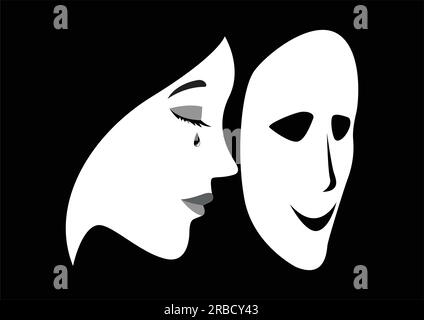 Illustration conceptuelle d'une femme qui pleure avec un masque souriant devant son visage Illustration de Vecteur