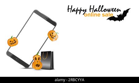 Bannière avec un smartphone sur fond blanc et espace de copie, le concept de vente en ligne pour halloween, shopping, bannière publicitaire, flyer Illustration de Vecteur