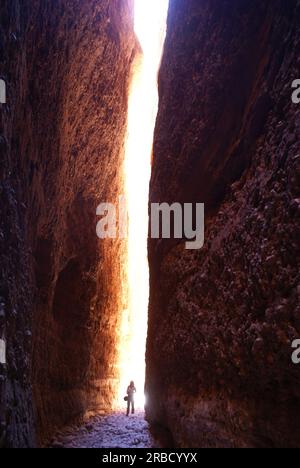 Personne debout dans le rayon de soleil qui brille dans la fente étroite entre les parois rocheuses d'Echidna Chasm à Purnululu (Bungle Bungles), Australie occidentale Banque D'Images