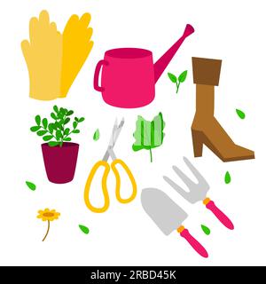 outils de jardinage gants à main arroseurs chaussures pelle ciseaux à fourche et accessoire d'horticulture botanique en pot Illustration de Vecteur