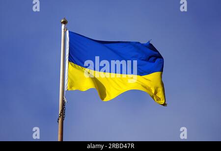 Photo de dossier datée du 31/01/23 du drapeau ukrainien. Des milliers d'Ukrainiens déplacés restent dans des logements temporaires un an après que le gouvernement écossais a «suspendu» son programme de super-parrainage, ont déclaré les libéraux démocrates. La partie a fait état de chiffres datant de juin 5, qui montraient qu'il y avait 3 180 Ukrainiens dans des logements d'accueil tels que des hôtels, et 765 à bord du navire de croisière MS Victoria. Date d'émission : dimanche 9 juillet 2023. Banque D'Images