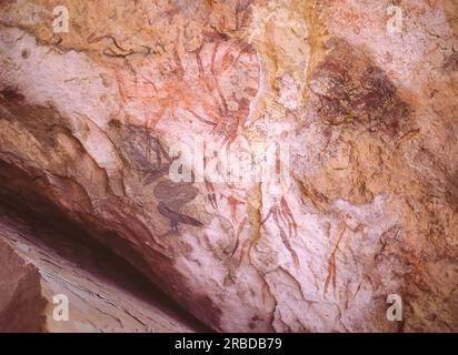 Art rupestre préhistorique San dans une grande grotte de Giants Castle Game Reserve - l'un des sites d'art rupestre les plus grands et les mieux préservés d'Afrique australe. Banque D'Images