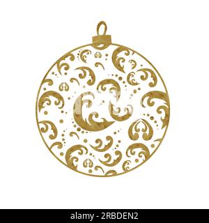Boule d'arbre de noël à l'aquarelle dessinée à la main. Jouet Lacy avec texture dorée pour décorer. Deux options - sur fond blanc et transparent Banque D'Images