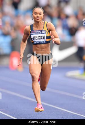 Manchester Regional Arena, Manchester, Royaume-Uni. Championnats nationaux d'athlétisme du Royaume-Uni 2023. Légende : LANSIQUOT Imani femmes 100 mètres image : Mark Dunn/Alamy Live News (Sport) crédit : Mark Dunn Photography/Alamy Live News Banque D'Images