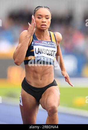 Manchester Regional Arena, Manchester, Royaume-Uni. Championnats nationaux d'athlétisme du Royaume-Uni 2023. Légende : Imani-Lara LANSIQUOT sprintant la finale du 100 mètres. Photo : Mark Dunn/Alamy Live News (Sport) crédit : Mark Dunn Photography/Alamy Live News Banque D'Images