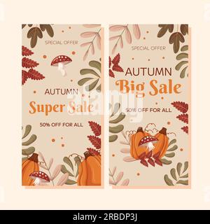 Conception de modèle de bannière verticale de vente d'automne. Cadre avec différentes branches de feuilles, citrouilles et champignon mouche agaric. Bannière marketing avec une offre d'un prix spécial. Illustration de Vecteur