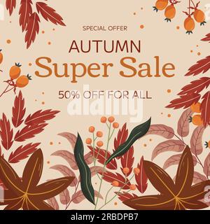 Conception de modèle carré Super sale d'automne avec espace de copie. Concept pour cadre carré de poteau de médias sociaux avec feuille d'érable et baie orange, branche de feuilles rouges et brunes. Illustration de Vecteur