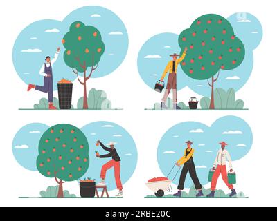 Les gens de bande dessinée sur la récolte. Heureux personnages de fermiers. Les ouvriers agricoles ramassent des fruits et des légumes. Ranch travaille avec des paniers et des seaux Illustration de Vecteur