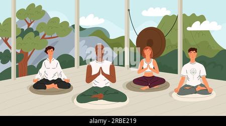 Groupe de méditation. Les gens en unité avec la nature. Les personnes s'assoient en position lotus et méditent. Pratique du yoga. Équilibre et sérénité. Relaxation Yogi Illustration de Vecteur