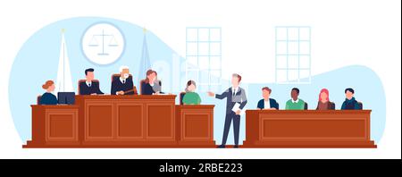 Procès en salle d'audience. L'avocat pose des questions au témoin. Intérieur du palais de justice. Juge et jury à des tribunes en bois. Tribunal juridique. Procureur et accusé Illustration de Vecteur