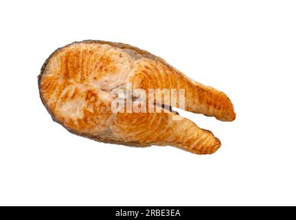 Saumon grillé, steak de poisson frit isolé sur blanc, vue de dessus Banque D'Images