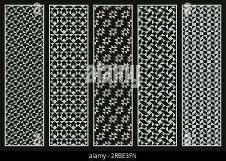 Ensemble de motifs sans couture décoratifs noirs vectoriels avec des formes géométriques. Arrière-plans sombres de tissu abstrait. Textures mosaïques monochromes. Illustration de Vecteur