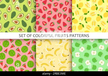 Collection de motifs de fruits sans couture lumineux - design dessiné à la main. Arrière-plans d'été reproductibles. Des tirages éclatants et sans fin. Illustrations vectorielles Illustration de Vecteur