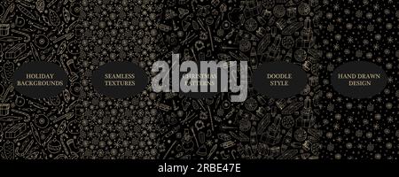 Ensemble de motifs de noël sans couture vectoriels - conception dessinée à la main. Textures de dessin noires élégantes. Arrière-plans de vacances sans fin dans le style doodle Illustration de Vecteur