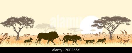 Silhouettes de lions sauvages de la savane africaine sur fond d'arbres et de soleil. Illustration de Vecteur