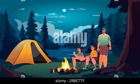 les gens près de la zone de camping de tente avec le feu de camp de nuit camp d'été voyage vacances concept paysage de montagnes Illustration de Vecteur