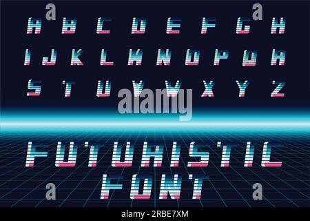 Police créative futuriste - mode style rétro 80-90s. Alphabet anglais vectoriel tendance. Lettres latines rayées Illustration de Vecteur