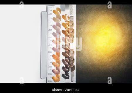 Divers échantillons palette de couleurs colorant colorant teinte d'ombre de cheveux avec éclat de lumière du soleil. Banque D'Images