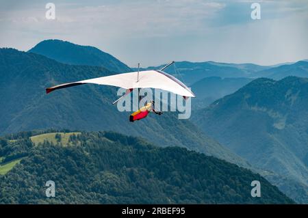 Vintage deltaplane vole dans les montagnes dans la vallée de Soca. Activités de plein air extrêmes à Tolmin, Slovénie. Apprendre à voler Banque D'Images