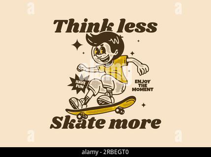 Pensez moins, skate plus, personnage de mascotte vintage d'un gars sautant sur skateboard Illustration de Vecteur