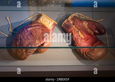 Tartu, Estonie - 11 juin 2023 : gants de boxe dorés de la marque Ken-Wel, fabriqués aux Etats-Unis à partir des années 1950 Gants de boxe en cuir professionnel vintage. Banque D'Images