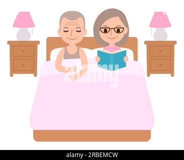 Mignon couple senior de dessin animé au lit, homme dormant et femme lisant un livre. Illustration vectorielle de routine de relaxation du coucher. Illustration de Vecteur