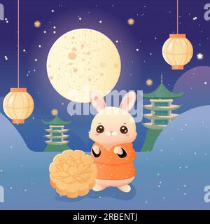 Lapin, gâteau de lune mi-automne fête pagodes Illustration de Vecteur