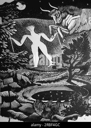 Mai, gravure sur bois de The long Man of Wilmington 1925 par Eric Ravilious Banque D'Images