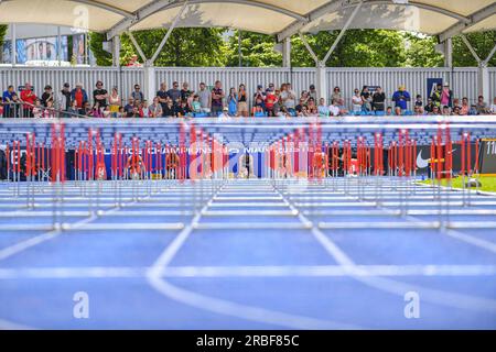 Manchester, Royaume-Uni. 9 juillet 2023 ; Manchester Regional Arena, Manchester, Lancashire, Angleterre; 2023 Muller UK Athletics Championships Manchester ; Josh Watson se prépare à commencer son 110m haies crédit : action plus Sports Images/Alamy Live News Banque D'Images