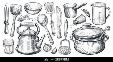 Ensemble d'ustensiles de cuisine pour la cuisson. Esquissez une illustration vectorielle vintage pour le menu du restaurant ou du dîner Illustration de Vecteur
