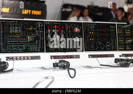 Écrans de données dans le garage de l'équipe fictive APEX APXGP pour le film F1 d'Apple Studios/Bruckheimer films, lors du Grand Prix de Grande-Bretagne de Formule 1 Aramco 2023, 10e manche du Championnat du monde de Formule 1 2023 du 7 au 9 juillet 2023 sur le circuit de Silverstone, à Silverstone, Royaume-Uni - photo Antonin Vincent/DPPI crédit : DPPI Media/Alamy Live News Banque D'Images