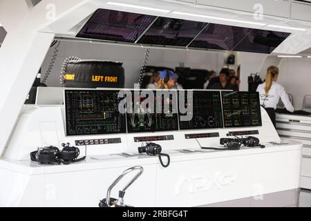 Écrans de données dans le garage de l'équipe fictive APEX APXGP pour le film F1 d'Apple Studios/Bruckheimer films, lors du Grand Prix de Grande-Bretagne de Formule 1 Aramco 2023, 10e manche du Championnat du monde de Formule 1 2023 du 7 au 9 juillet 2023 sur le circuit de Silverstone, à Silverstone, Royaume-Uni - photo Antonin Vincent/DPPI crédit : DPPI Media/Alamy Live News Banque D'Images