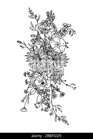 Ligne minimaliste Art Wildflowers bouquet Tattoo Illustration, ligne dessinée à la main fleurs, noir et blanc Banque D'Images