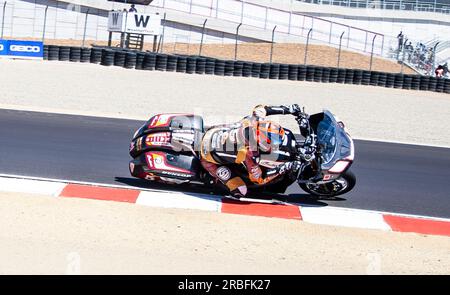 Juillet 08 2023 Monterey, CA, U.S.A Kyle Ohnsorg(5) sort du tour 3 lors de la Mission Foods MotoAmerica King of the Baggers Q2 au WeatherTech Raceway Laguna Seca Monterey, CA Thurma Banque D'Images