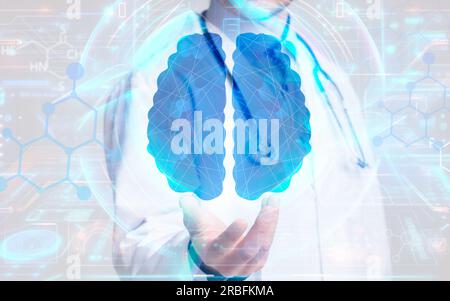 Recadré de l'homme médecin neurochirurgien tenant l'hologramme du cerveau humain Banque D'Images