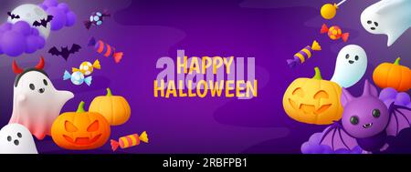 Promotion bannière halloween, bonbons fantômes 3d et citrouille. Personnages de fête d'horreur heureux, chauves-souris effrayantes et fantômes. Arrière-plan vectoriel de rendu pieux Illustration de Vecteur