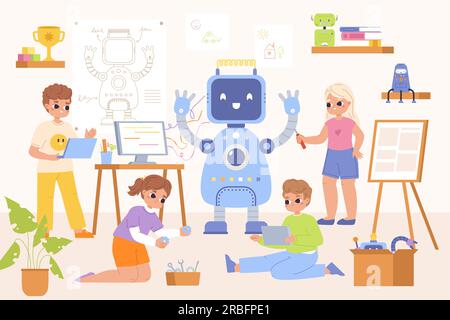 Ingénierie robotique pour les enfants, équipe de réparation des enfants robots. Programmation enfant et projets de robots sur la leçon. Concept vectoriel d'éducation numérique scolaire Illustration de Vecteur