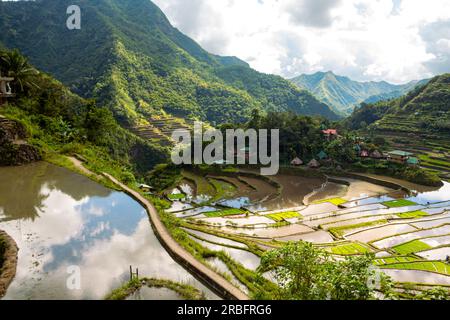 Vue panoramique étonnante des rizières en terrasses des champs dans la province d'Ifugao montagne sous ciel nuageux ciel bleu. Banaue, patrimoine de l'UNESCO aux Philippines Banque D'Images