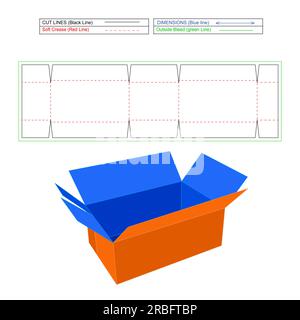 Boîte d'expédition ondulée, boîte pliante en carton ondulé FEFCO231, boîte en carton redimensionnable avec modèle de ligne de découpe et rendu vectoriel 3d, Illustration de Vecteur