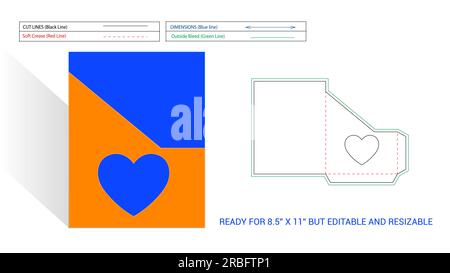Ligne de découpe de poche ou de dossier prête pour la page 8.5x11 pouces modifiable et redimensionnable avec la coupe de fenêtre transparente en forme de coeur et la coupe d'angle, rendu 3D. Illustration de Vecteur
