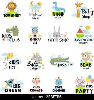 Étiquettes pour bébés. Symboles drôles et mignons pour le terrain de jeu des enfants ou l'éducation place modèle récent de badges vectoriels Illustration de Vecteur