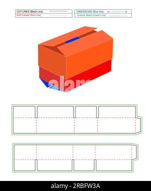 Boîte d'expédition ondulée à deux couvercles et demi-conteneur à fentes, boîte de couleur modifiable et modifiable, modèle de ligne de découpe et boîte de 3D Illustration de Vecteur