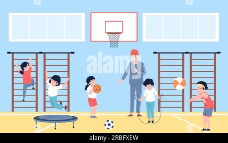 Cours de sport, enseignement pédagogique et fitness, gymnastique et saut. Étudiants athlètes, enfants jouent au ballon. Leçon physique en gym, scène vectorielle récente Illustration de Vecteur