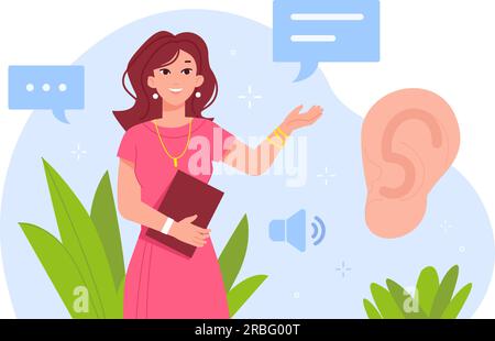 Écoute active. Écouter la communication des compétences, leader travail accent sur le discours du locuteur communiquer le concept d'empathie sonore, femme apprendre la conversation avec le signe des oreilles, illustration vectorielle du leader de la communication Illustration de Vecteur